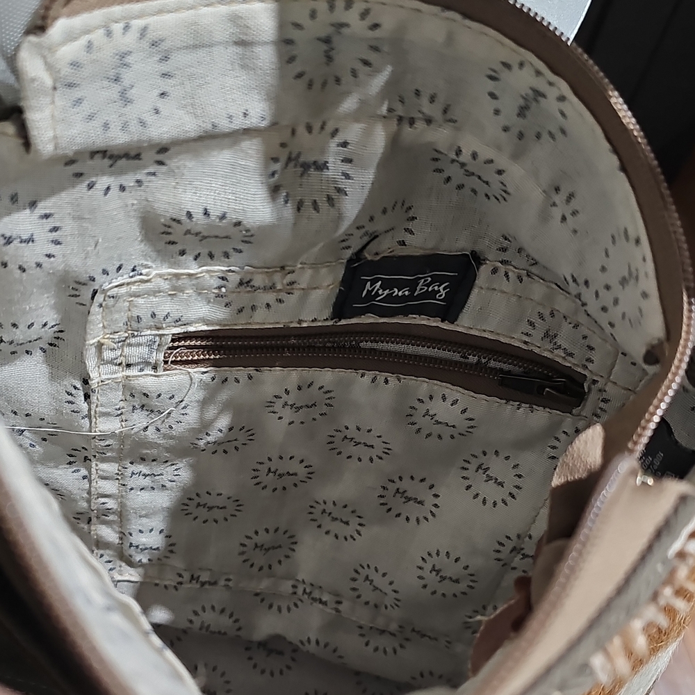 Myra Bag Beige Canvas Interior with Brown Trim Bucket Purse - Picture 9 of 10